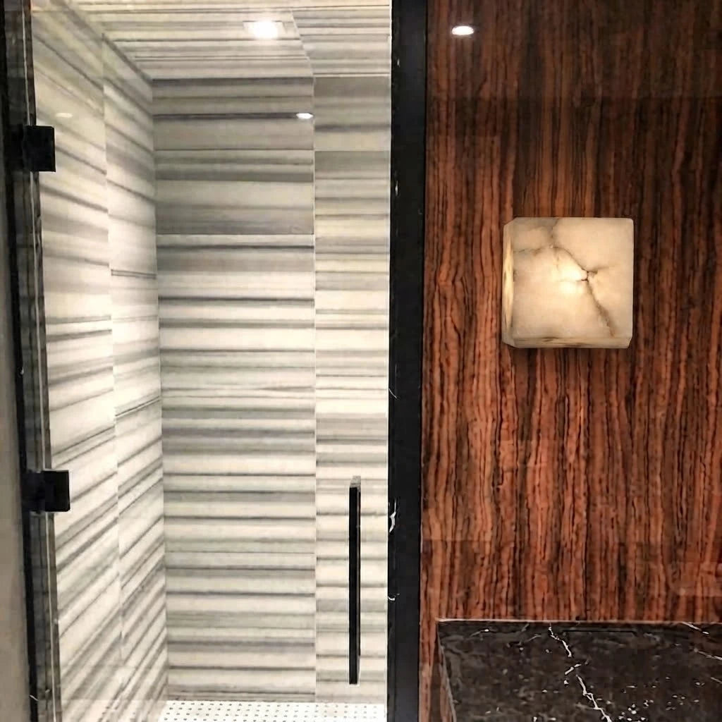 Modern Cube Alabaster Wall Sconce in Bathroom Hallway Setting