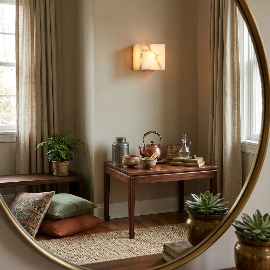 Modern Alabaster Wall Sconce Reflected in Round Mirror