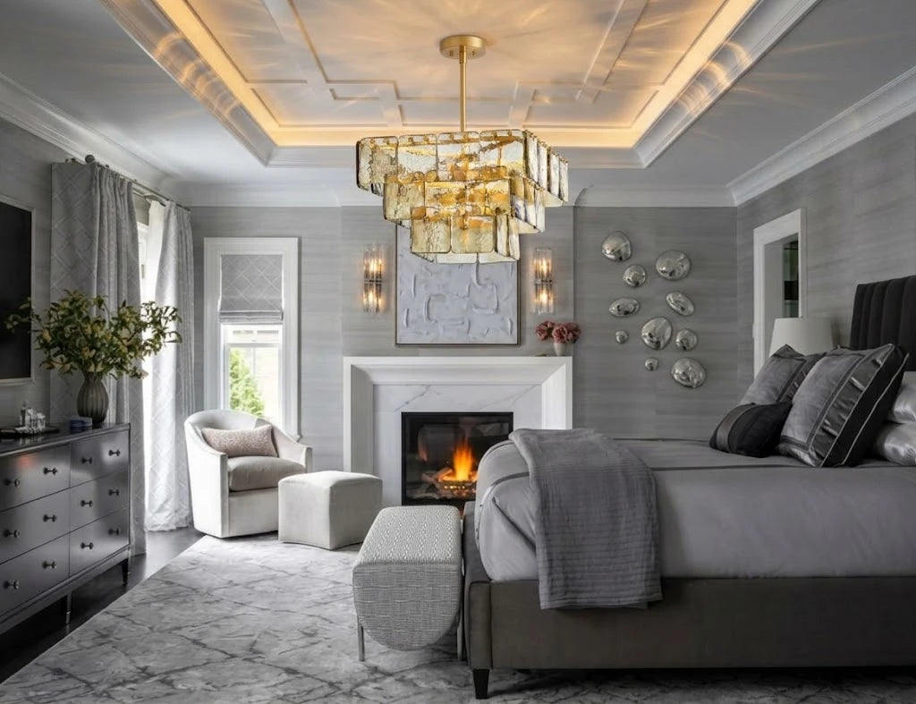 Modern Tiered Art Glass Chandelier in Cozy Bedroom Interior