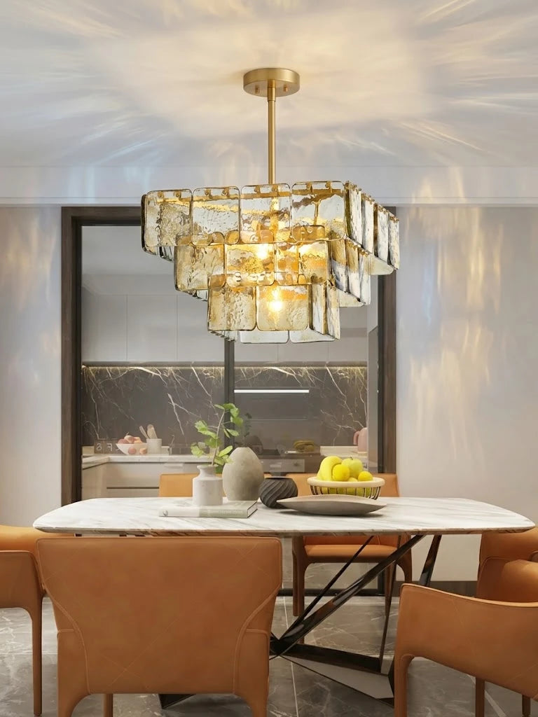 Modern Tiered Amber Art Glass Chandelier Over Dining Room Table