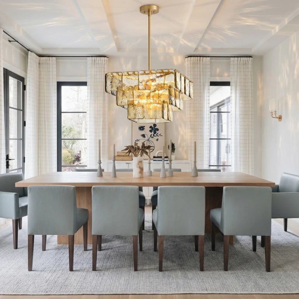 Modern Tiered Amber Art Glass Square Chandelier Over Dining Table