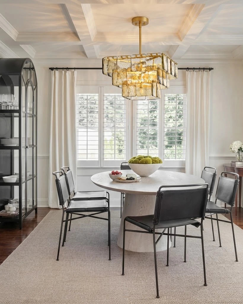 Modern Tiered Art Glass Chandelier Over Round Dining Table