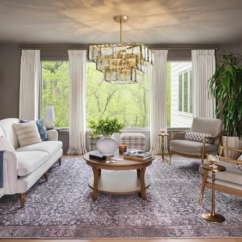 Modern Tiered Amber Art Glass Chandelier in Living Space