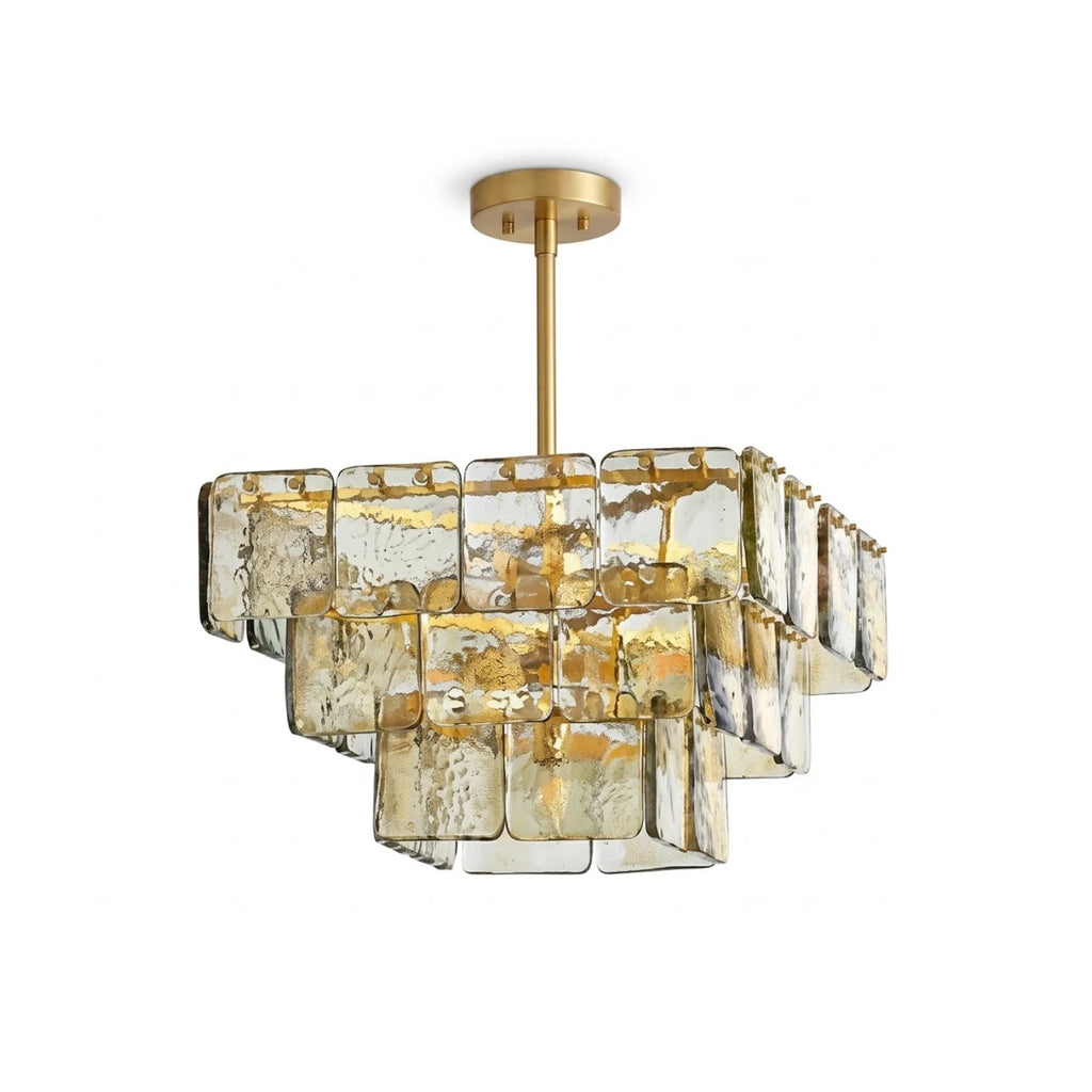 Front View of Modern Tiered Amber Art Glass Square Chandelier Studio Display