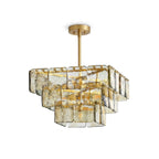 Front View of Modern Tiered Amber Art Glass Square Chandelier Studio Display