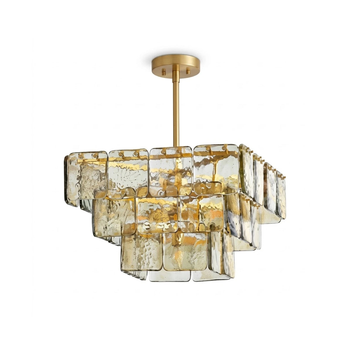 Front View of Modern Tiered Amber Art Glass Square Chandelier Studio Display