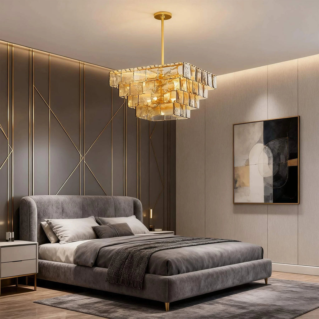Modern Tiered Amber Art Glass Chandelier in Master Bedroom Setting