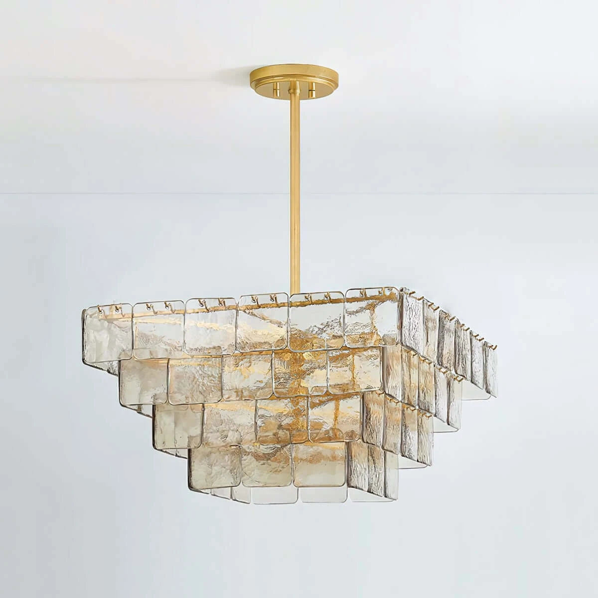 Illuminated Modern Tiered Art Glass Square Chandelier Studio Display