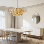 Modern Art Glass Square Chandelier Over Marble Dining Table