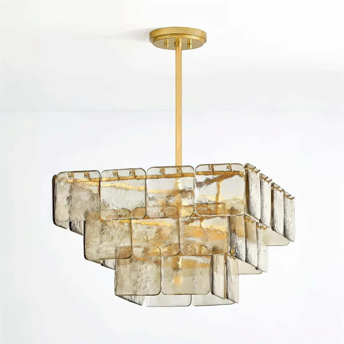 Illuminated Modern Tiered Amber Art Glass Square Chandelier Studio Shot