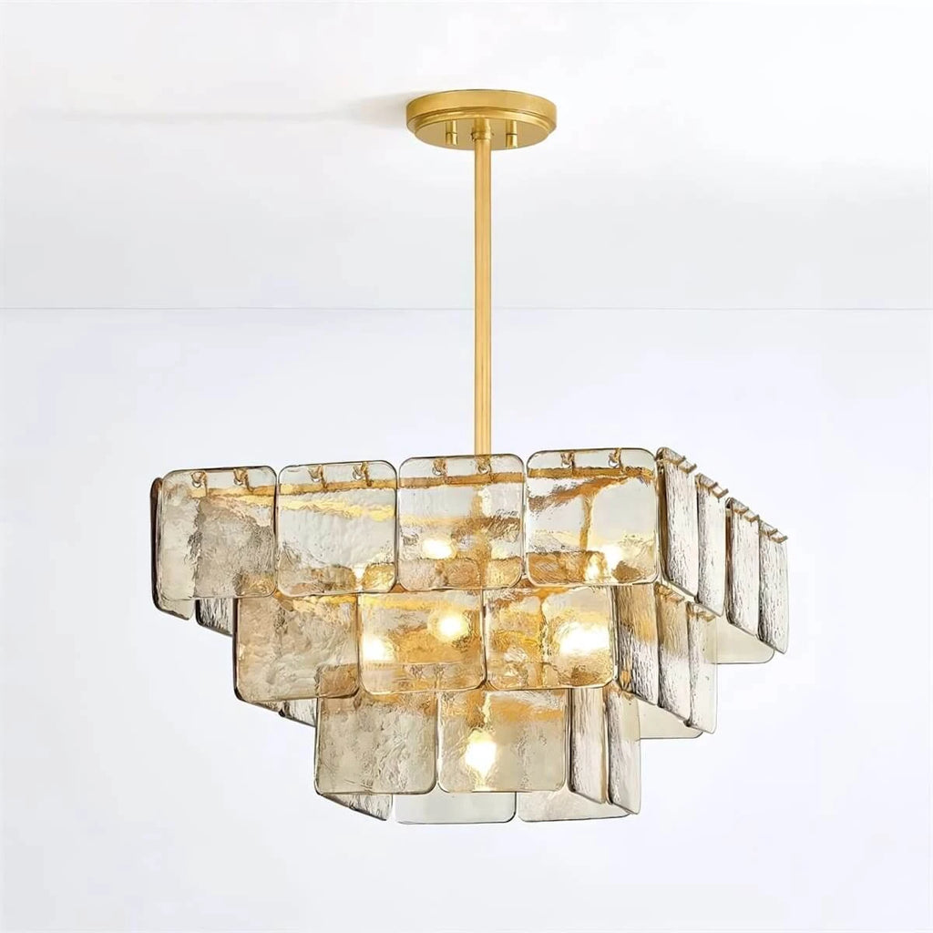 Side View of Modern Tiered Art Glass Square Chandelier Studio Display