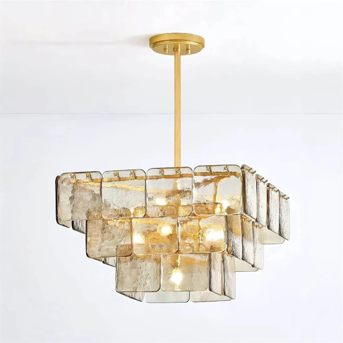 Side View of Modern Tiered Art Glass Square Chandelier Studio Display