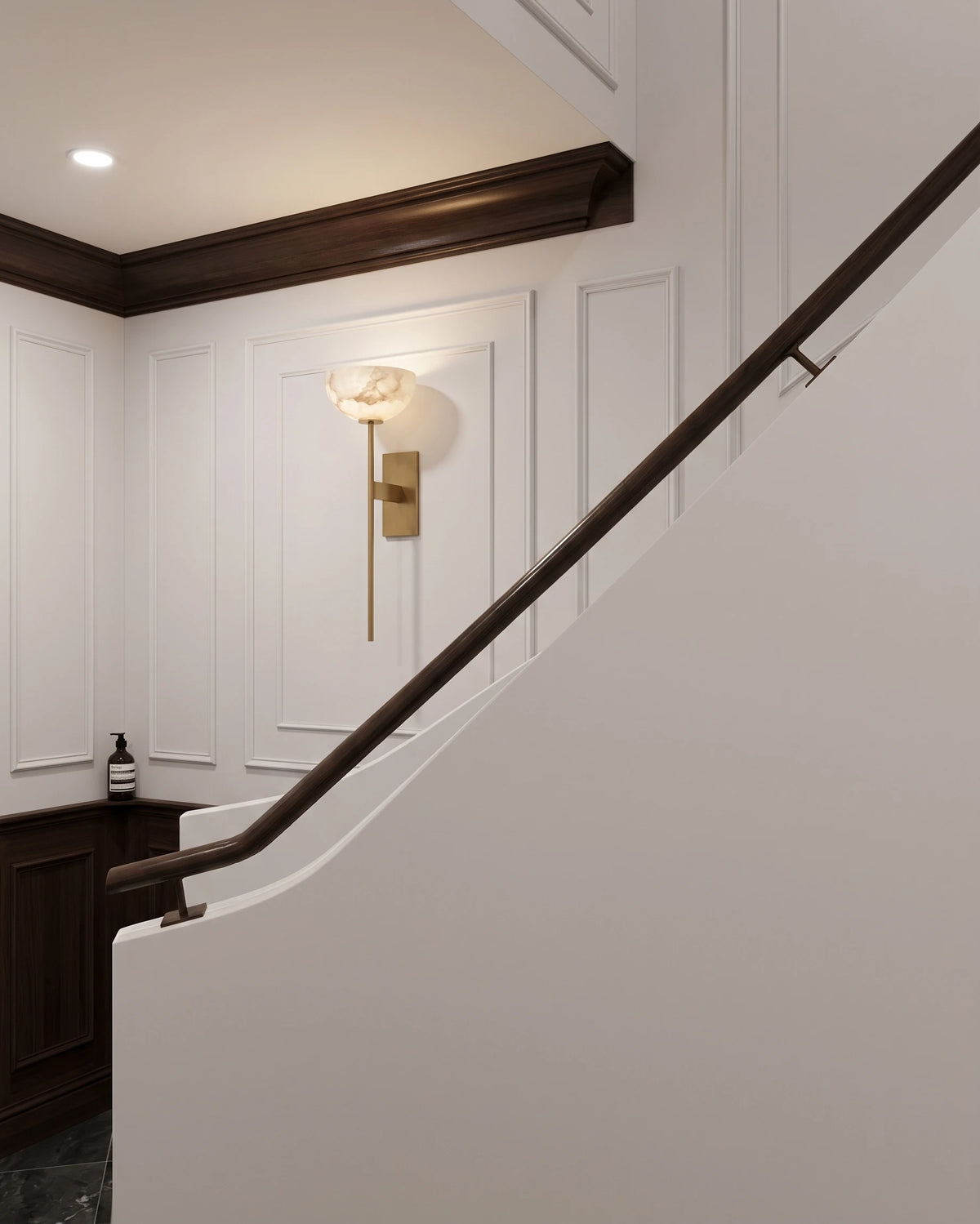 Modern Alabaster Wall Sconce Along Staircase Corridor