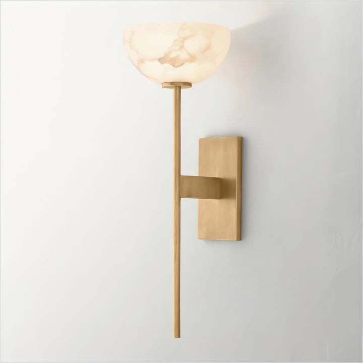 Illuminated Modern Alabaster Bowl Wall Sconce with Brass Finish Studio Shot