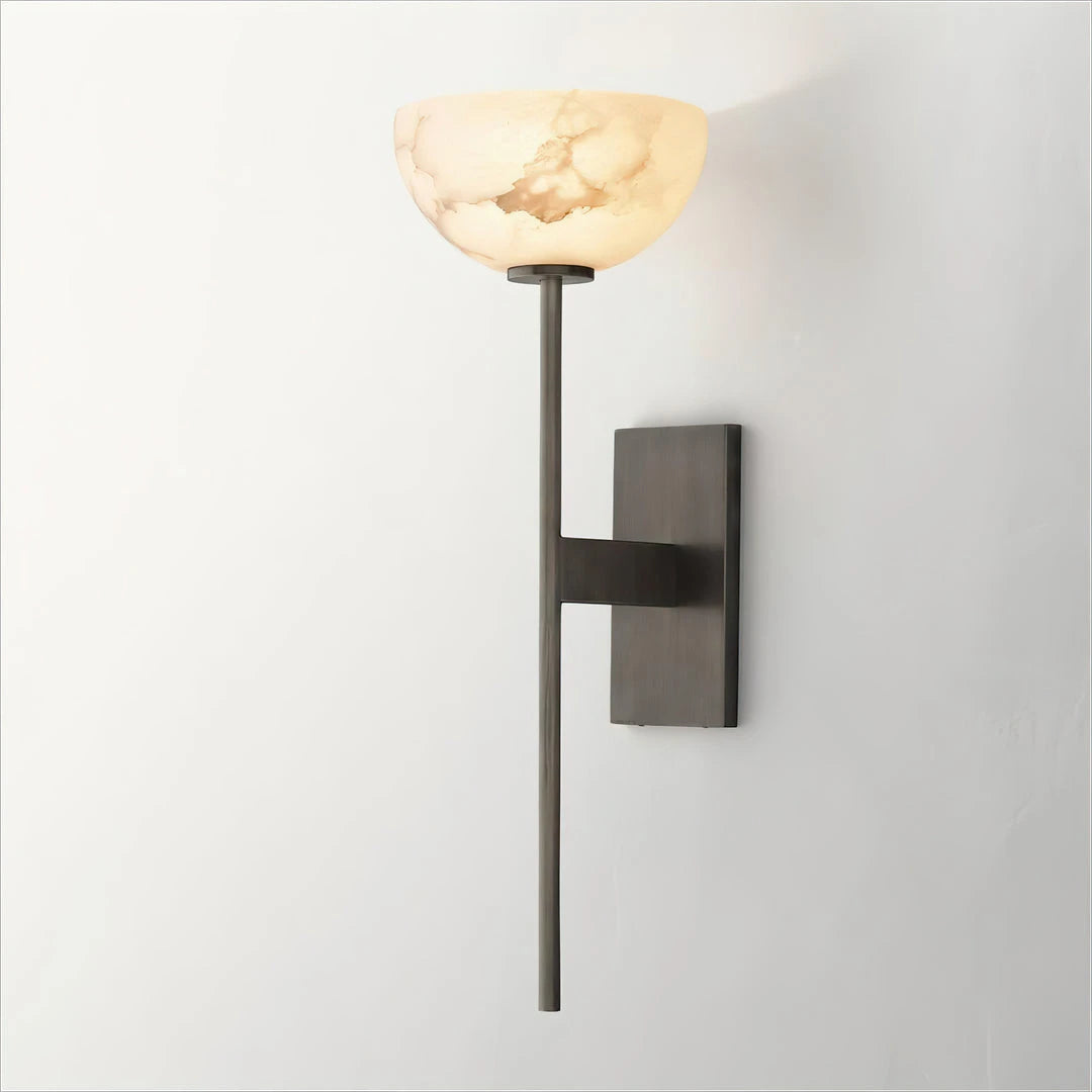 Illuminated Modern Alabaster Bowl Wall Sconce with Black Finish Studio Shot