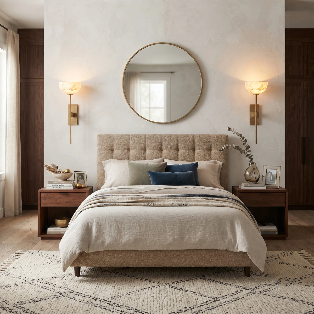 Modern Alabaster Bowl Wall Sconce in Master Bedroom Setting
