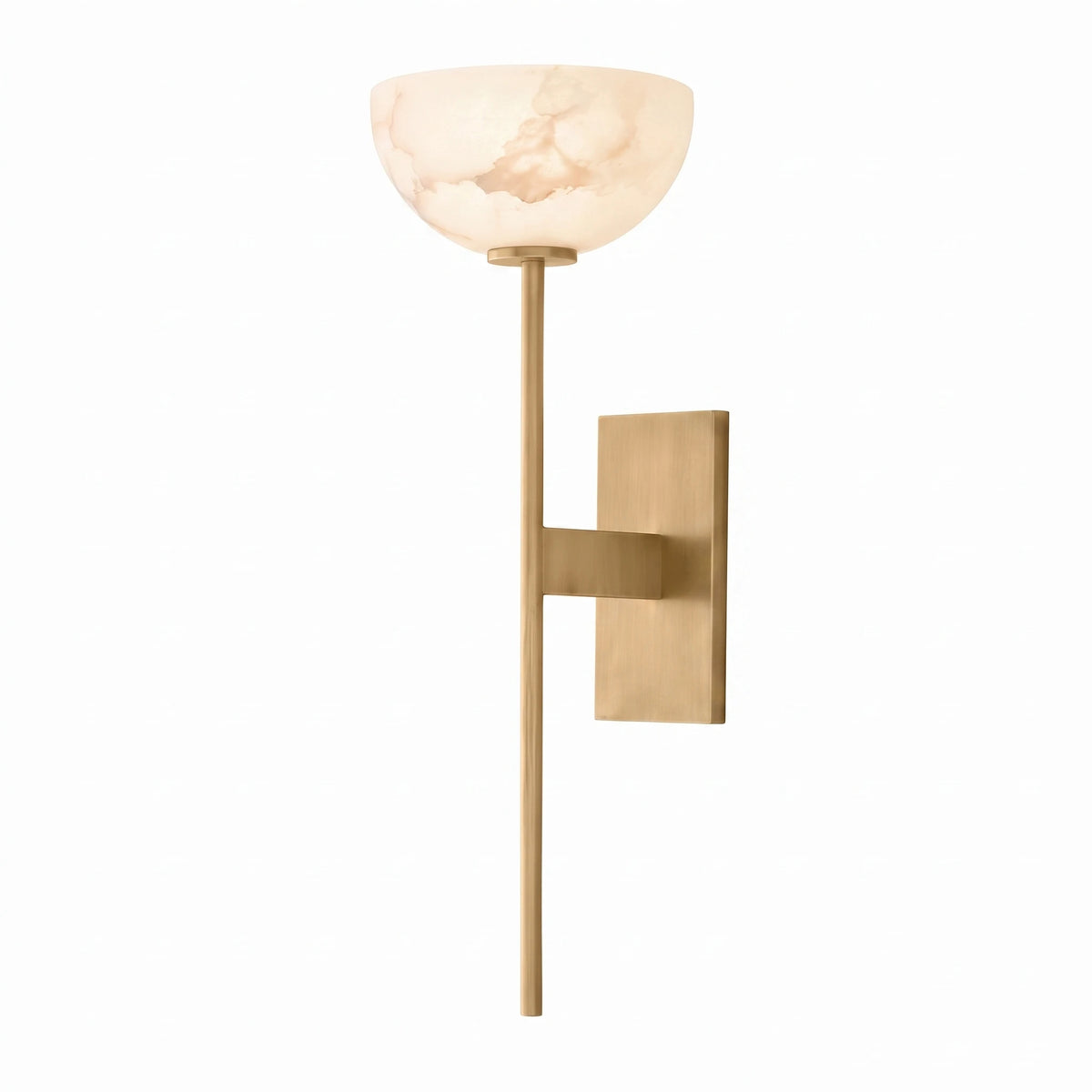 Modern Alabaster Bowl Wall Sconce with Brass Hardware on Pure White Background