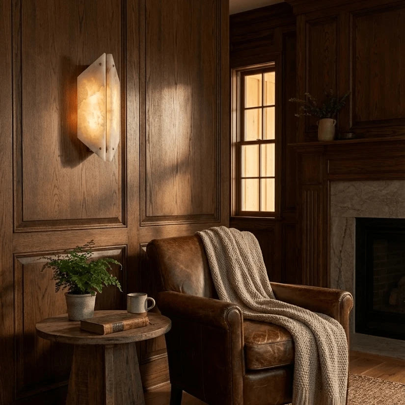 Modern Stone Wall Sconce in Dark Wood Panel Living Room