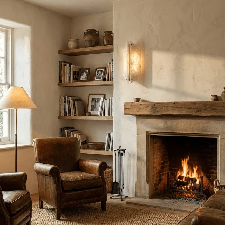 Travertine Wall Light Mounted next to Fireplace