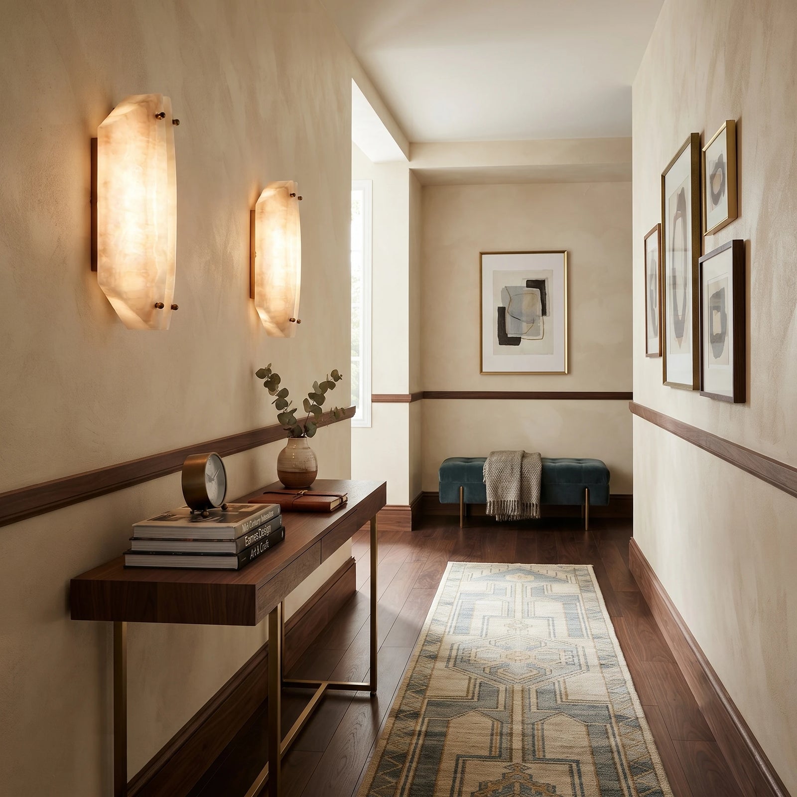 Pair of Travertine Wall Lights Illuminating Elegant Hallway