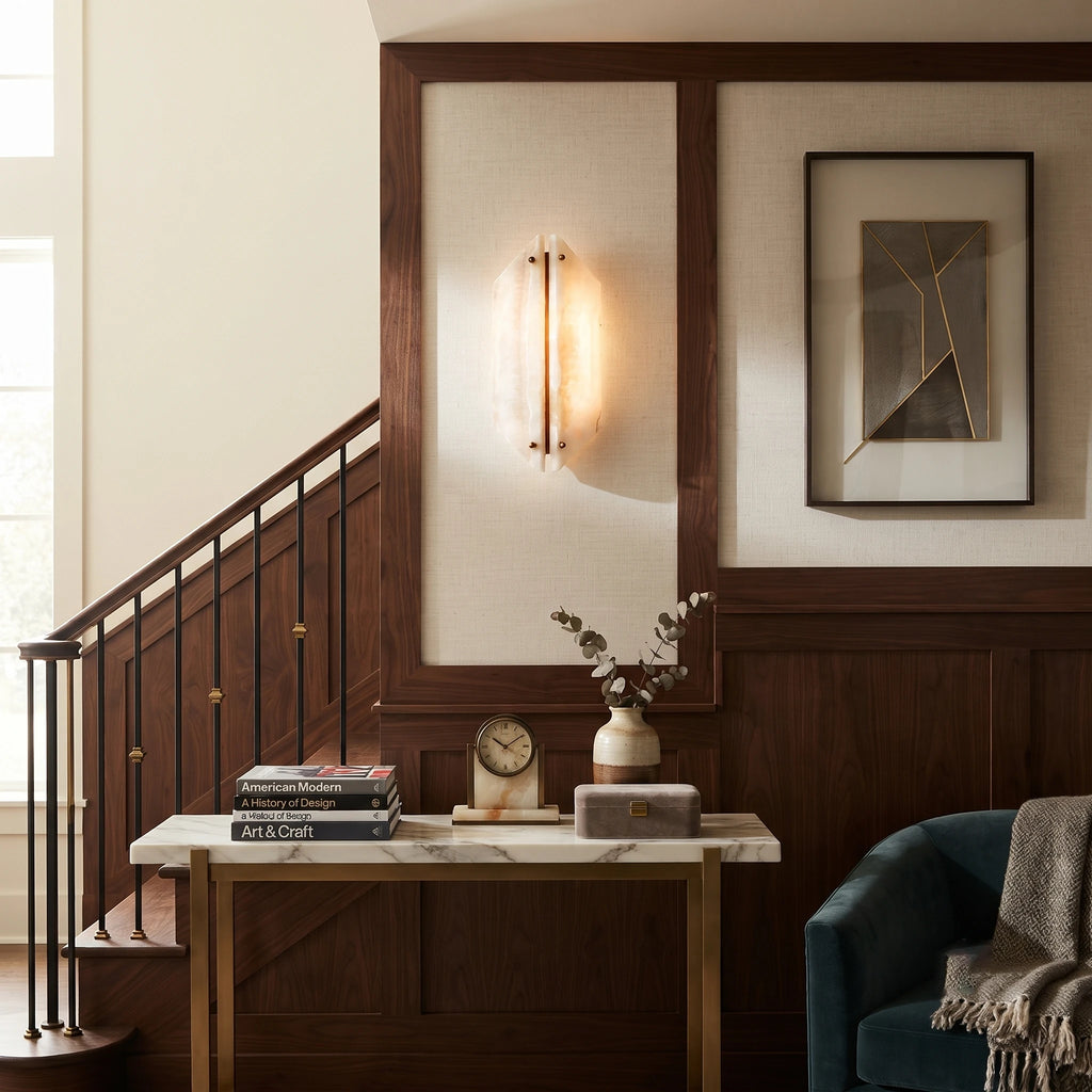 Travertine Wall Sconce above Console Table near Staircase