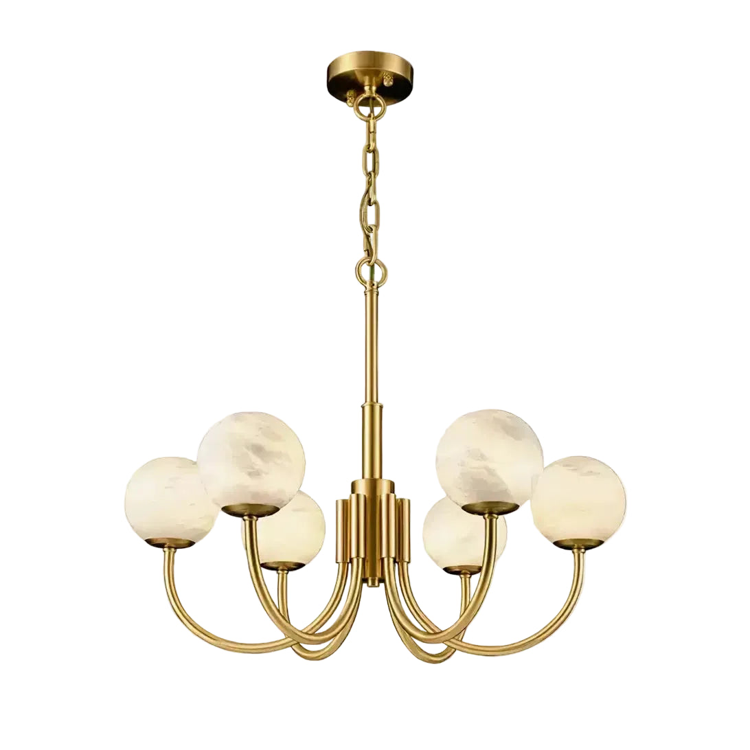 Modern Alabaster Globe Branch Chandelier with Brass Frame on Pure White Background