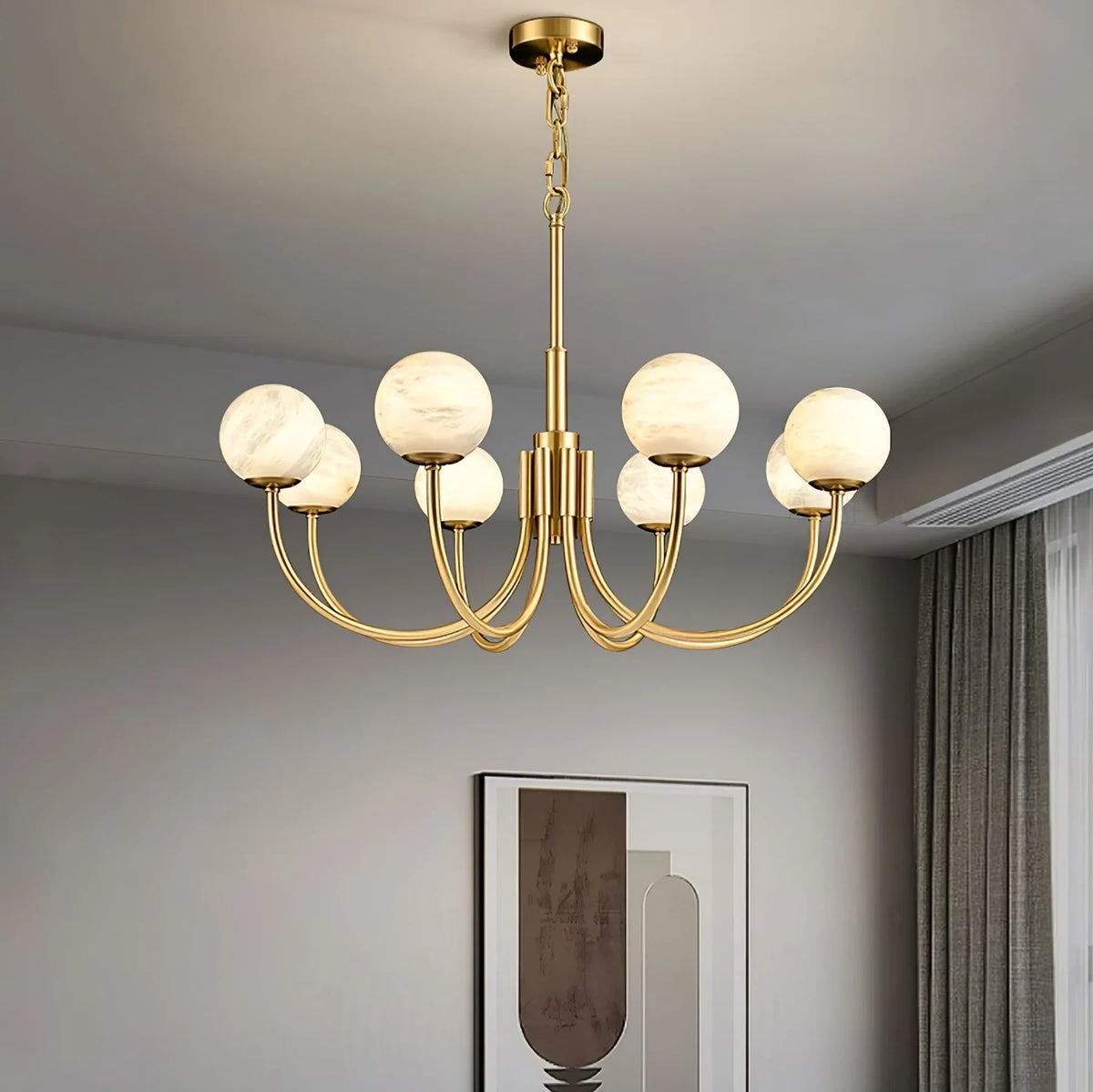 Modern Alabaster Globe Chandelier in Living Room Setting