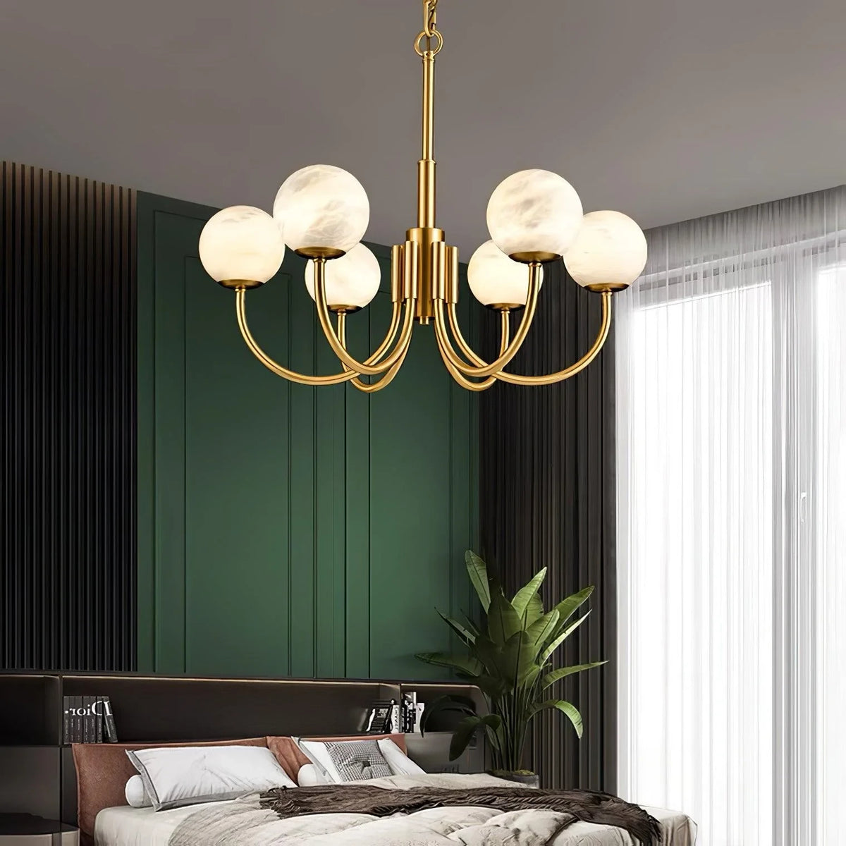 Alabaster Globe Chandelier in Master Bedroom Setting