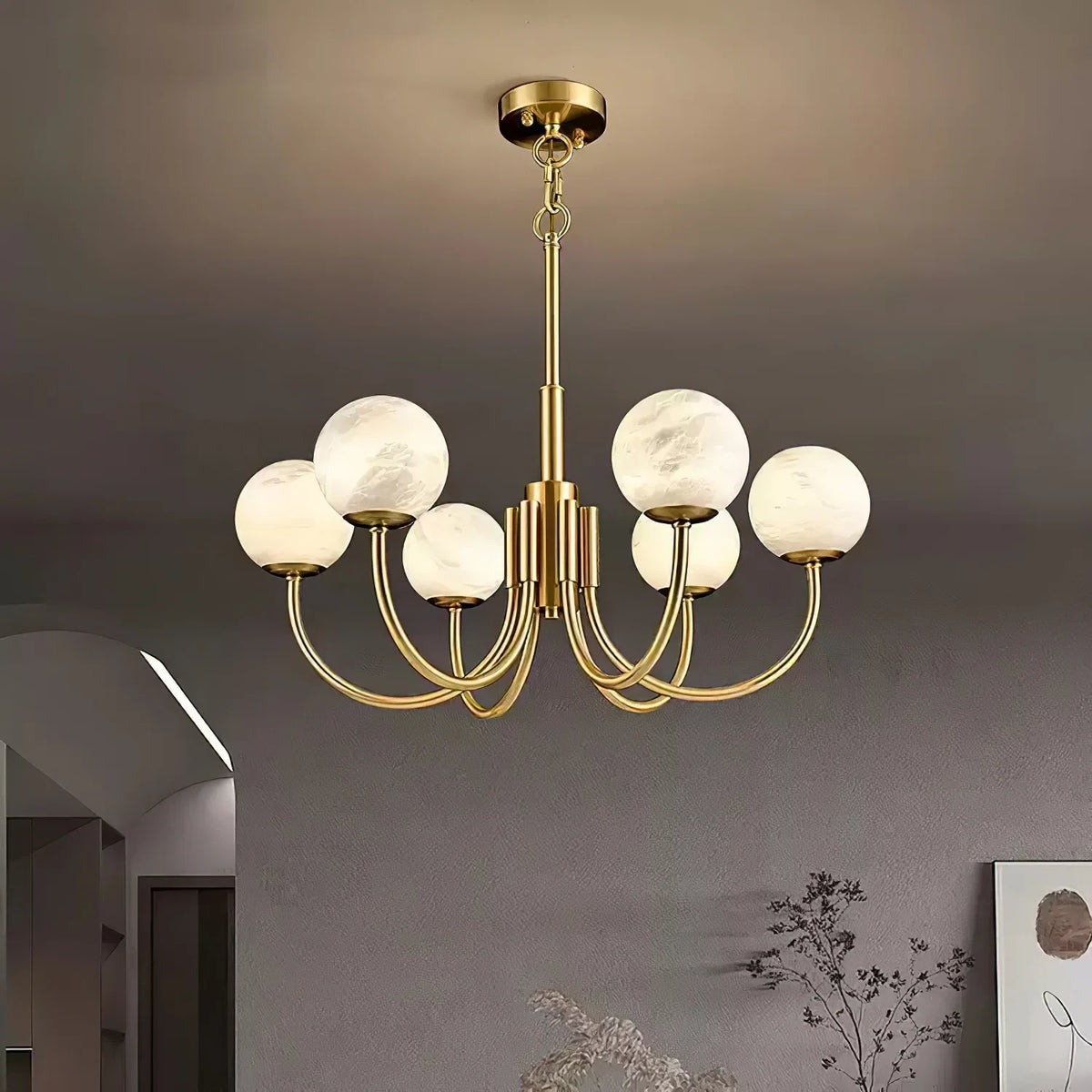 Modern Alabaster Sphere Chandelier in Bedroom
