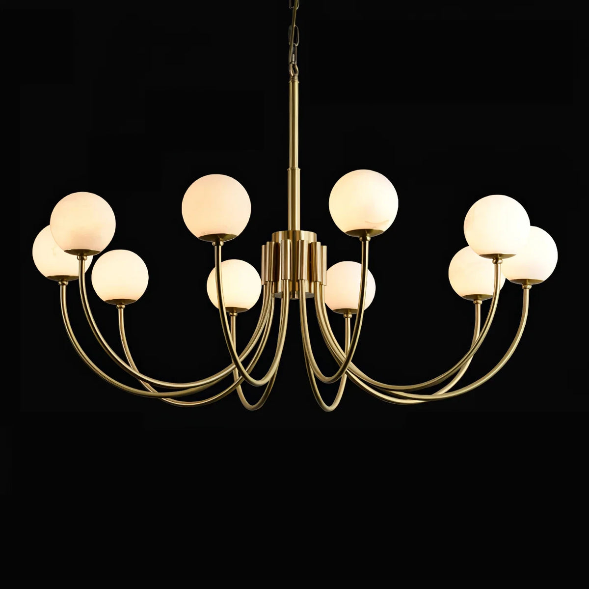 Dark Room View of Large Illuminated Alabaster Globe Chandelier