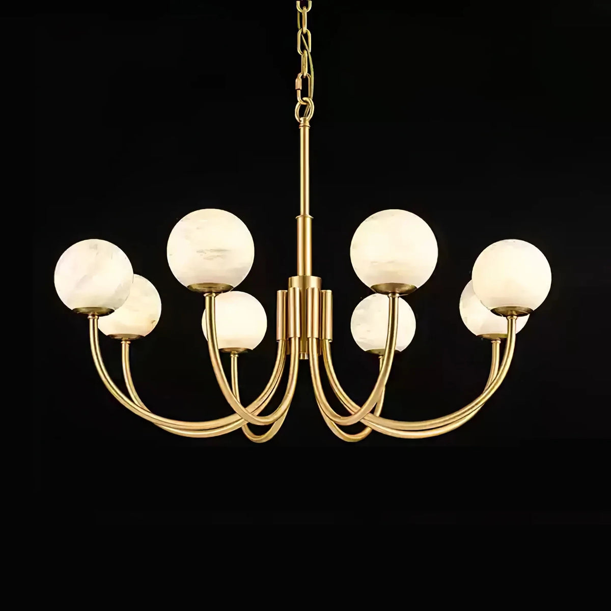 Dark Room View of Illuminated Alabaster Globe Chandelier
