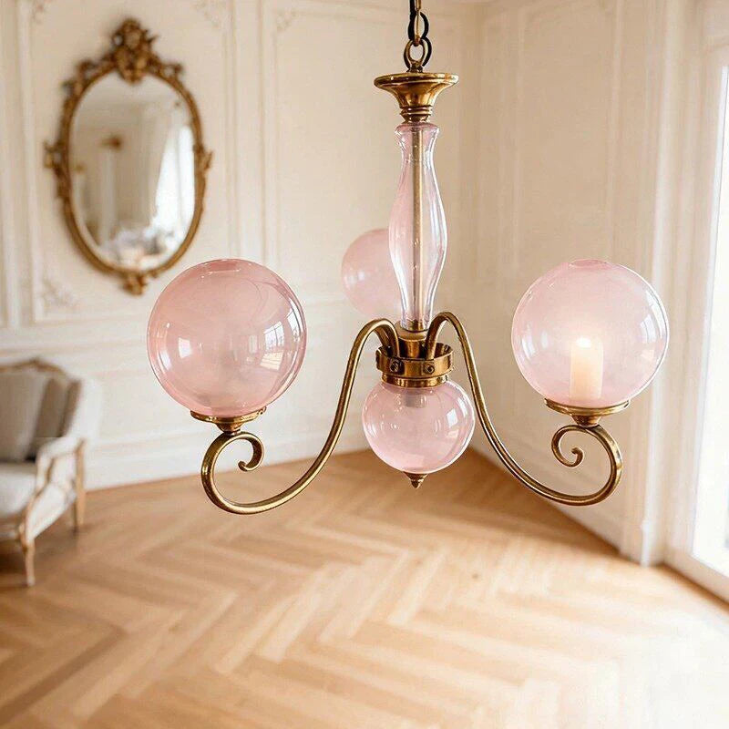 French Vintage Brass Chandelier with Pink Glass Globes Interior View