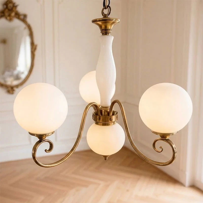 3-Light Brass Chandelier with Opal White Glass Globes