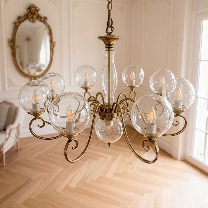 Multi-Arm Brass Chandelier with Clear Glass Globes Interior Display