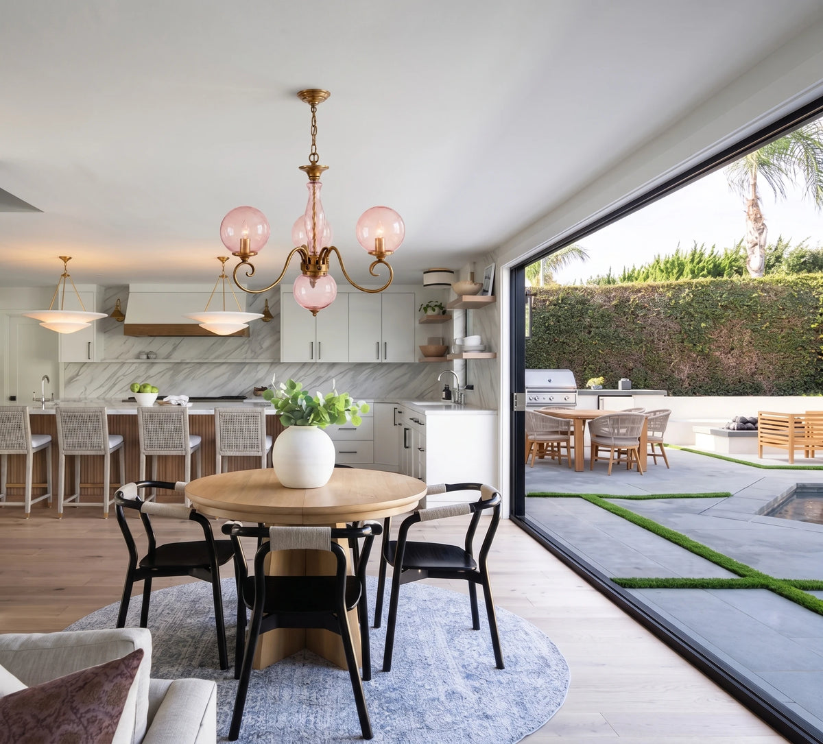 Traditional Glass Brass Chandelier Over Kitchen Dining Area