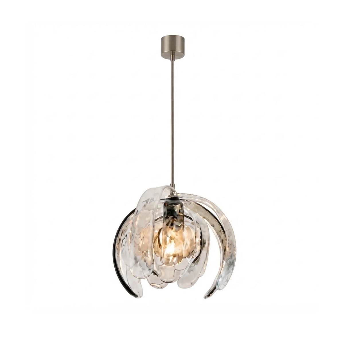 Modern Silver and Pumpkin Art Glass Single Pendant Light with Chrome Canopy on Pure White Background