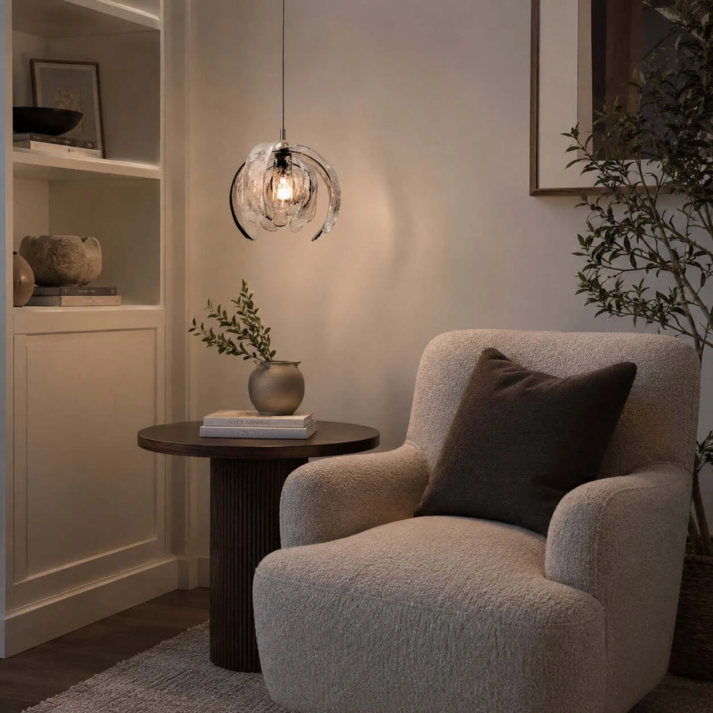 Modern Silver Pumpkin Art Glass Pendant Light in Cozy Living Room