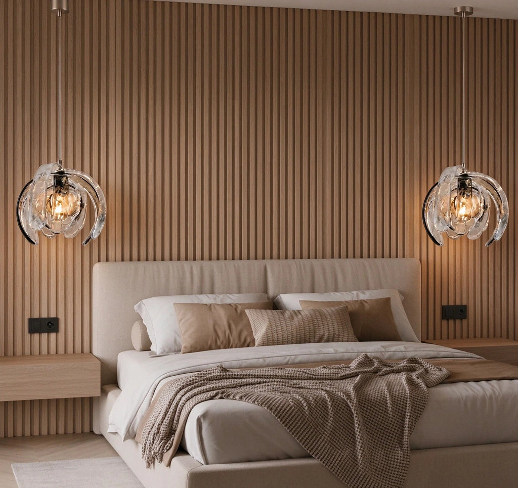 Modern Silver Pumpkin Art Glass Pendant Lights in Luxury Bedroom Interior
