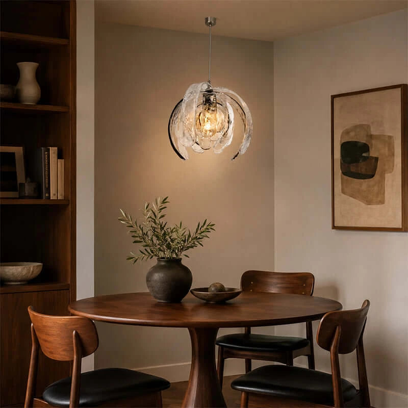 Modern Silver Pumpkin Art Glass Pendant Light Over Round Dining Table