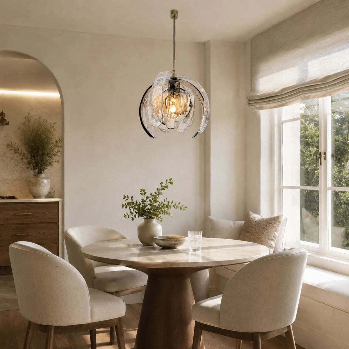 Modern Silver Pumpkin Art Glass Pendant Light in Contemporary Dining Area