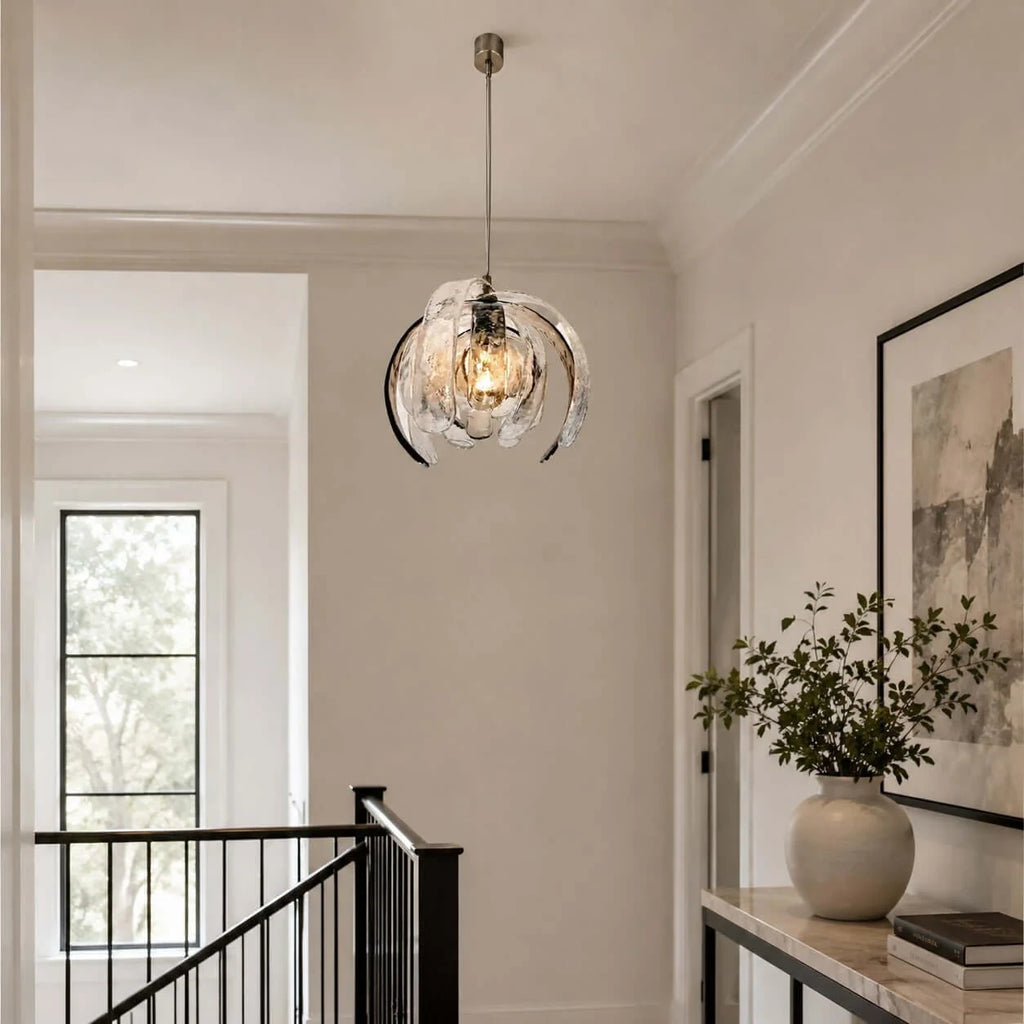 Modern Silver Pumpkin Art Glass Pendant Light in Grand Staircase Foyer