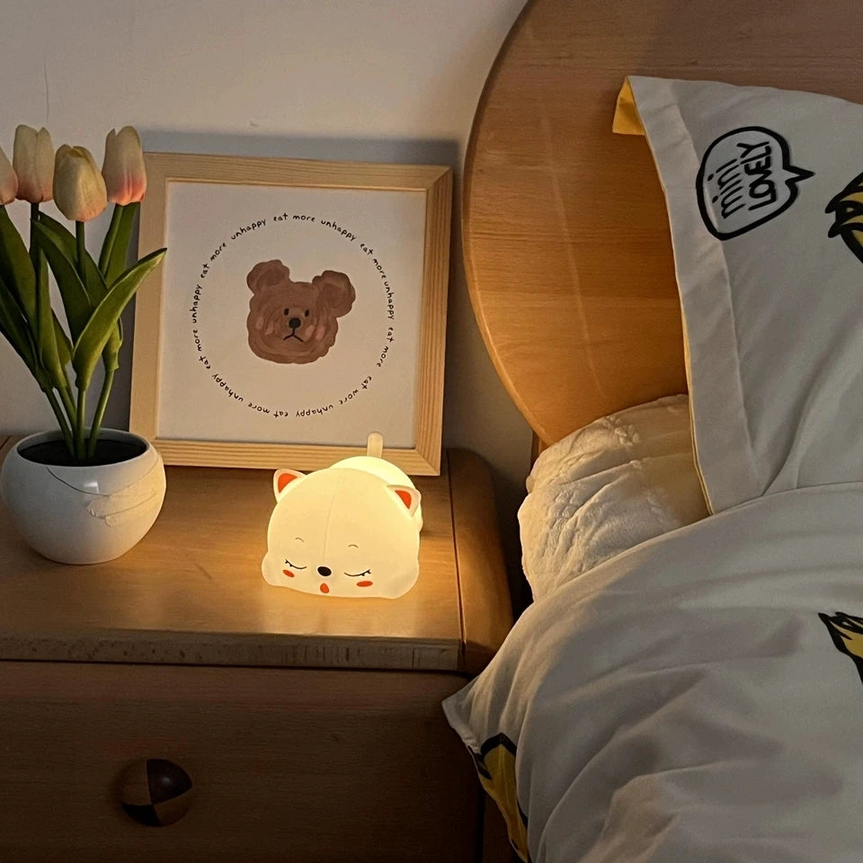 Cute Silicone Sleeping Cat Night Light on Kids Bedroom Nightstand