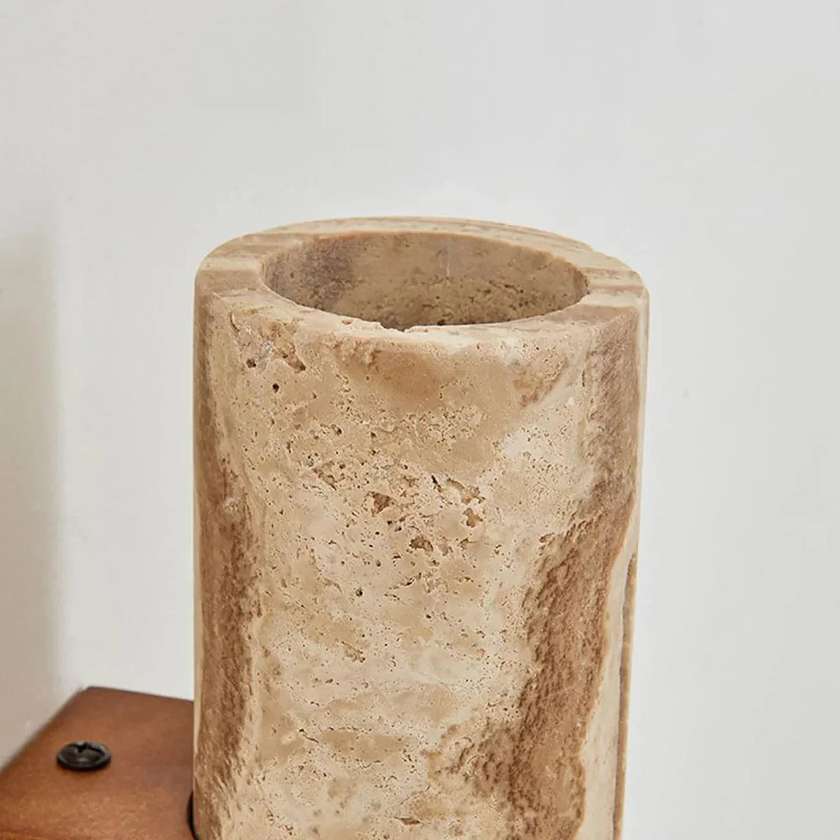 Detail View of Hollow Travertine Stone Cylinder Top
