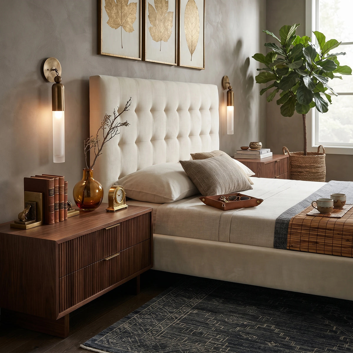 Brass Cylinder Wall Lights as Bedside Ambient Lighting