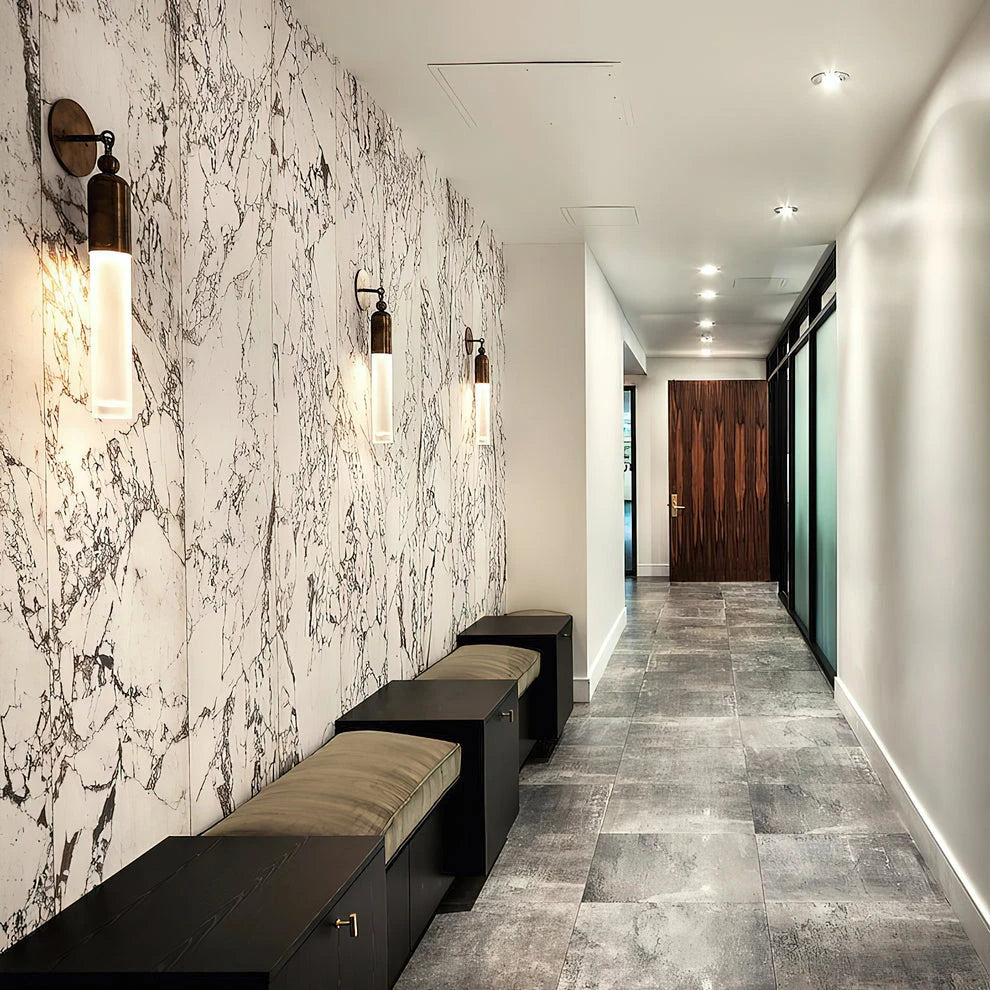 Modern Brass Wall Sconces in Gallery Corridor