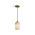 Modern Cylindrical Alabaster Art Glass Pendant Light with Brass Canopy on Pure White Background