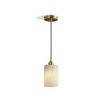Modern Cylindrical Alabaster Art Glass Pendant Light with Brass Canopy on Pure White Background
