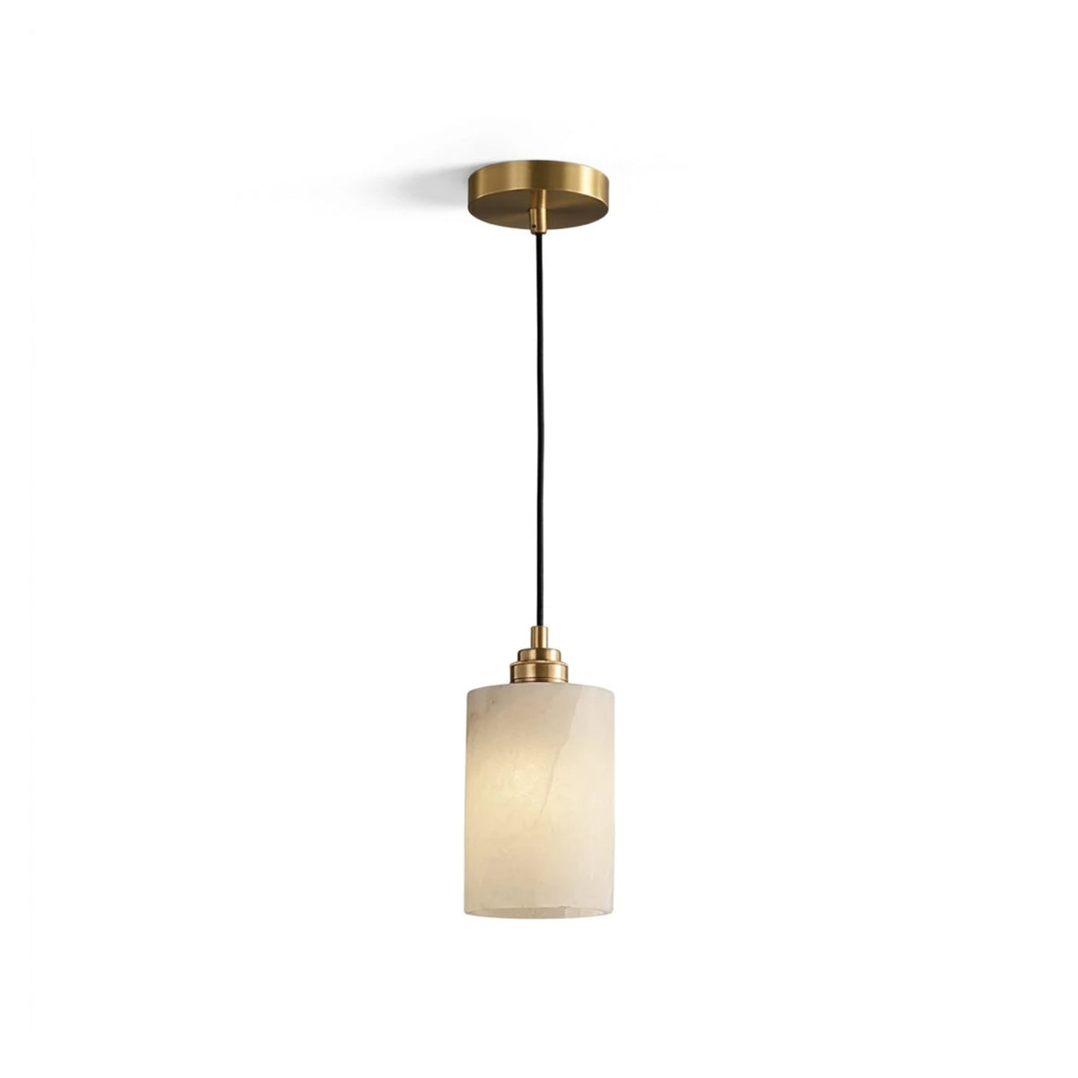 Modern Cylindrical Alabaster Art Glass Pendant Light with Brass Canopy on Pure White Background