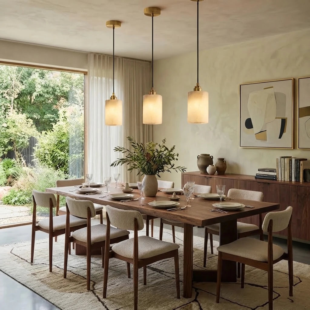 Modern Cylindrical Alabaster Pendant Lights Over Dining Room Table
