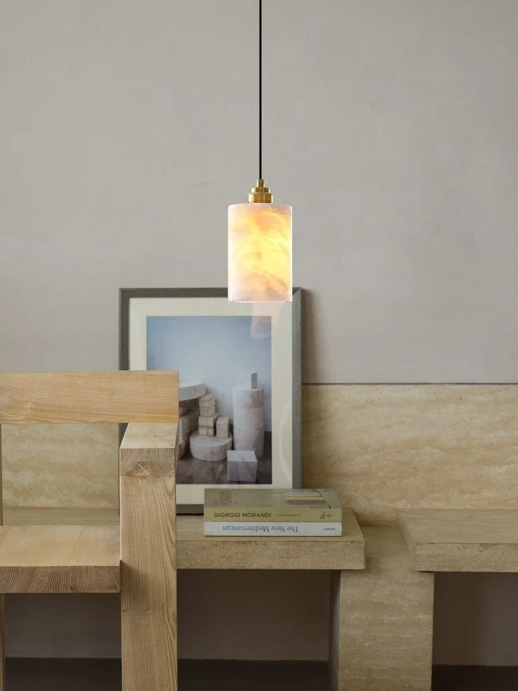 Modern Alabaster Pendant Light in Minimalist Bedroom Interior